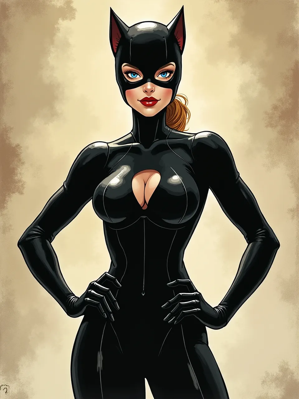 This Catwoman image, in vibrant Simon Prades style, showcases glossy suit textures with dramatic lighting. This digital art piece mimics traditional ink and bold comic medium.