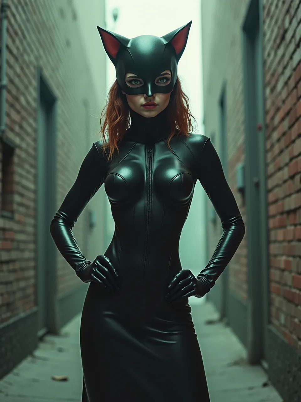 This Flux AI image features Catwoman reimagined in Simon Stalenhag's distinctive style. Atmospheric digital painting highlights moody lighting, industrial textures, and gleaming latex, creating a uniquely grim futuristic superhero vision.