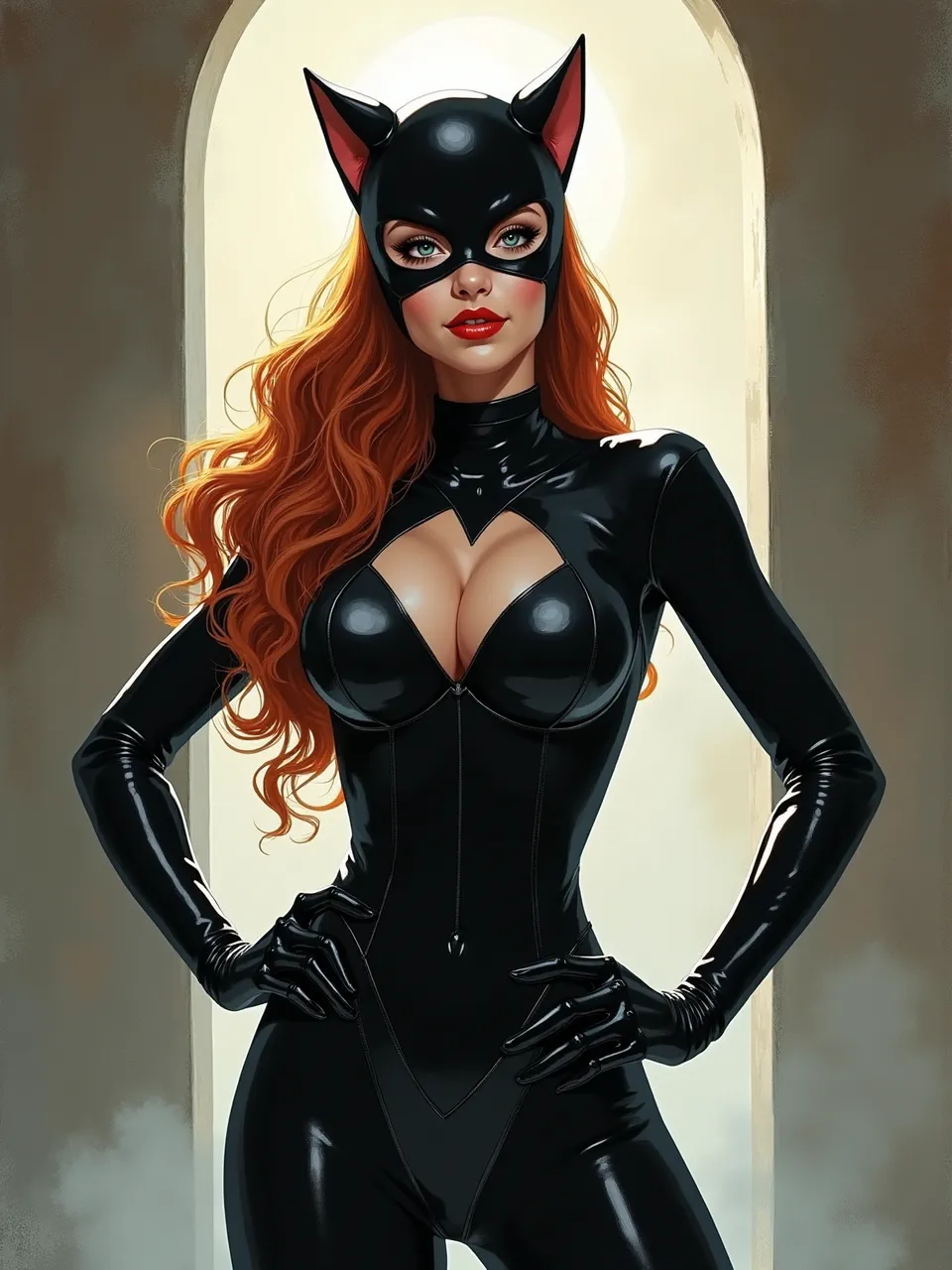 This stunning Siya Oum style digital artwork depicts Catwoman, showcasing dramatic backlighting, glistening latex textures, and vibrant red hair. A masterpiece of AI-generated comic art.