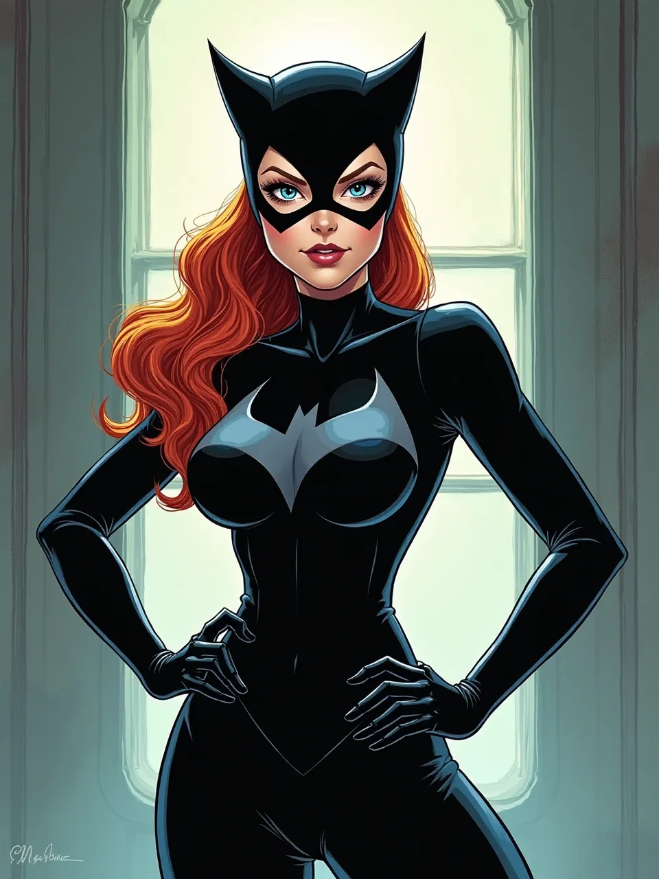 This vibrant digital Skottie Young style Catwoman art features dynamic lighting enhancing sleek suit textures and flowing red hair. A crisp, expressive comic illustration, rich in detail.
