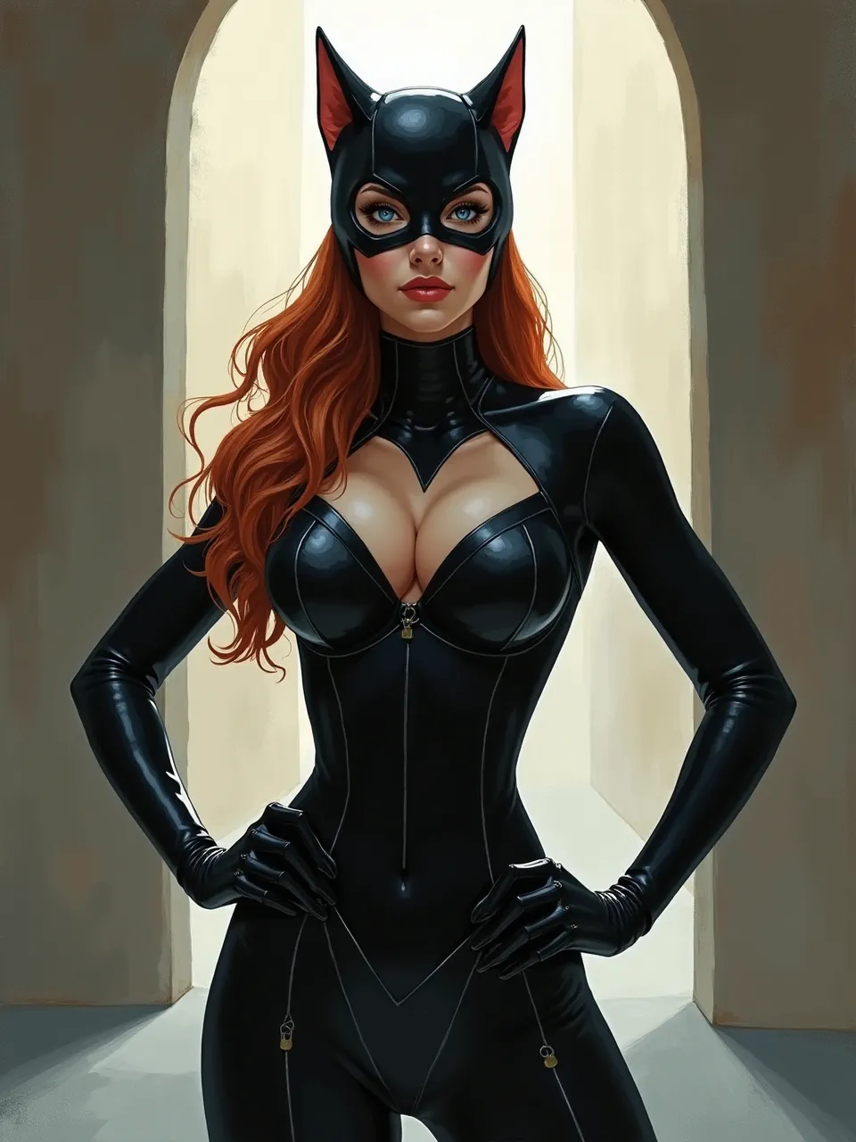 Sparth-inspired Flux AI digital painting of Catwoman: stark archway rim-lighting, soft ambient bounce, glossy latex speculars, brushed-metal seams, and smooth matte stone textures in sci-fi noir realism.