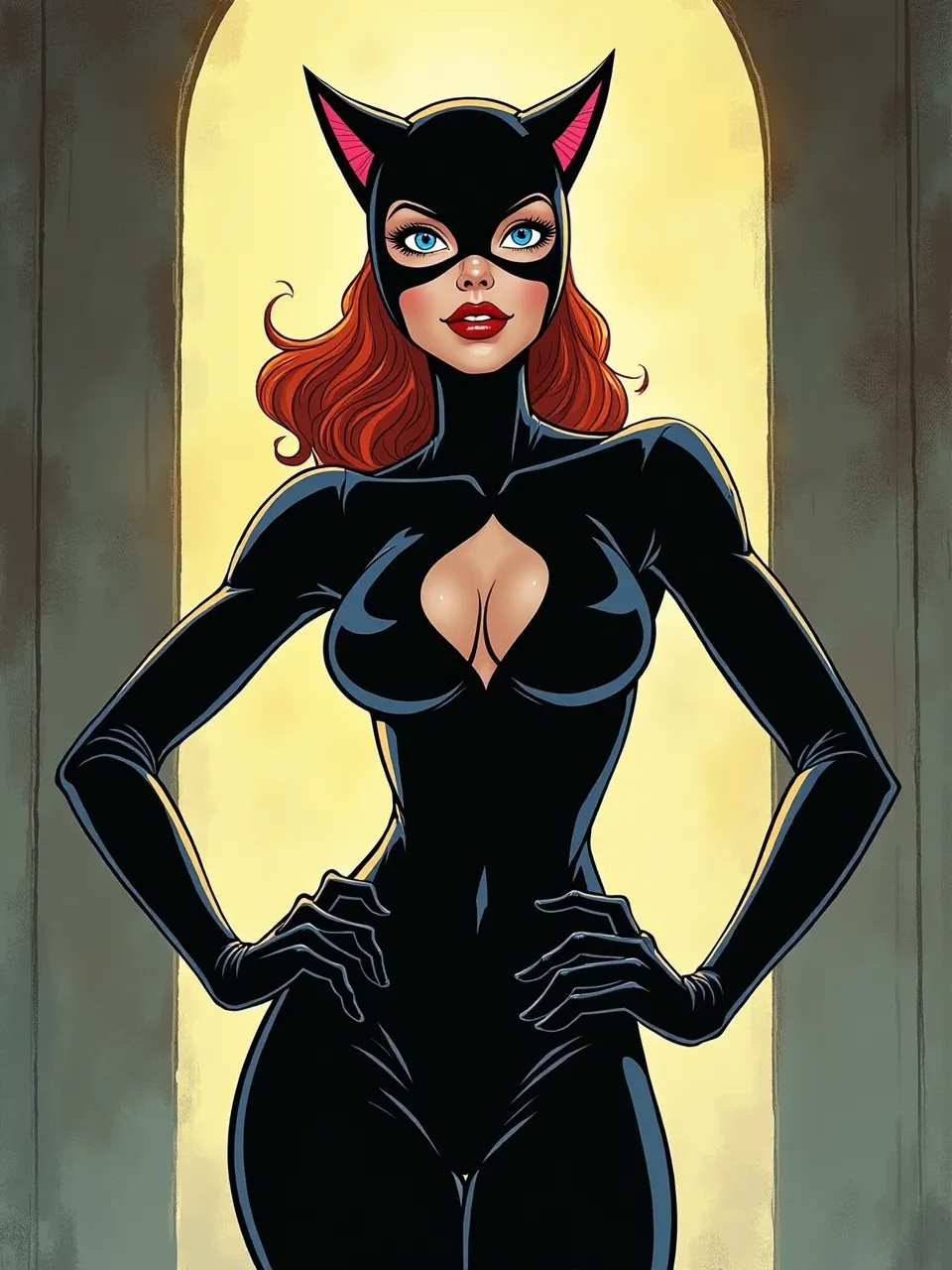 Stan Manoukian-inspired Catwoman portrait: glossy latex suit with crisp ink outlines, soft warm backlight halo, subtle airbrushed gradients, and painterly digital-comic textures on stone archway.