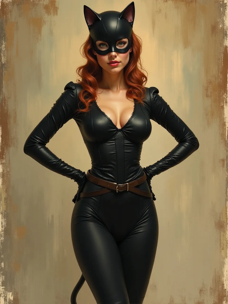 Stanhope Forbes–inspired oil portrait of Catwoman: warm studio light glows on satin-black leather, visible brushstrokes and textured canvas ground, soft chiaroscuro, Cornish realism.
