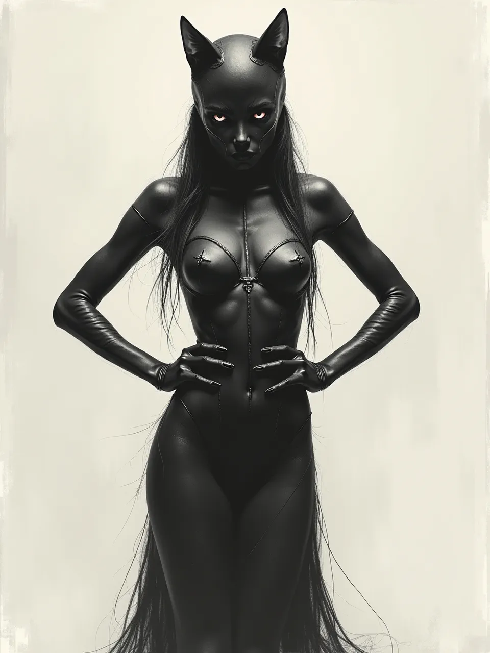 Catwoman stands in stark, high-key light, her latex sheen rendered as scratchy ink-and-watercolor washes; Stephen Gammell–style grit, smeared shadows, and paper textures amplify horror mood.