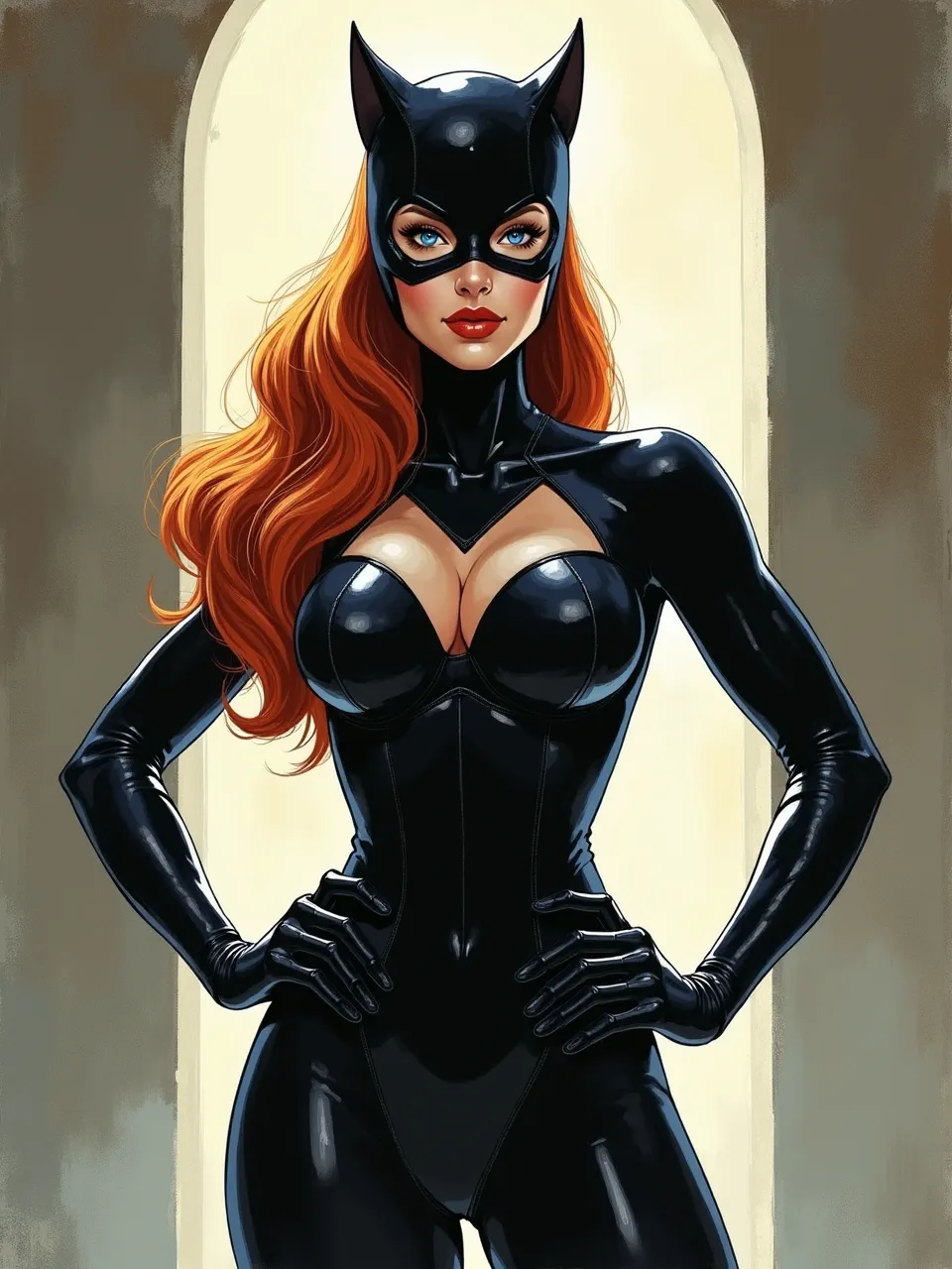 Stephen Hickman's Catwoman, a stunning digital painting. Dramatic backlighting highlights glossy latex textures and vibrant red hair, rendered with crisp, high-contrast illustrative flair.