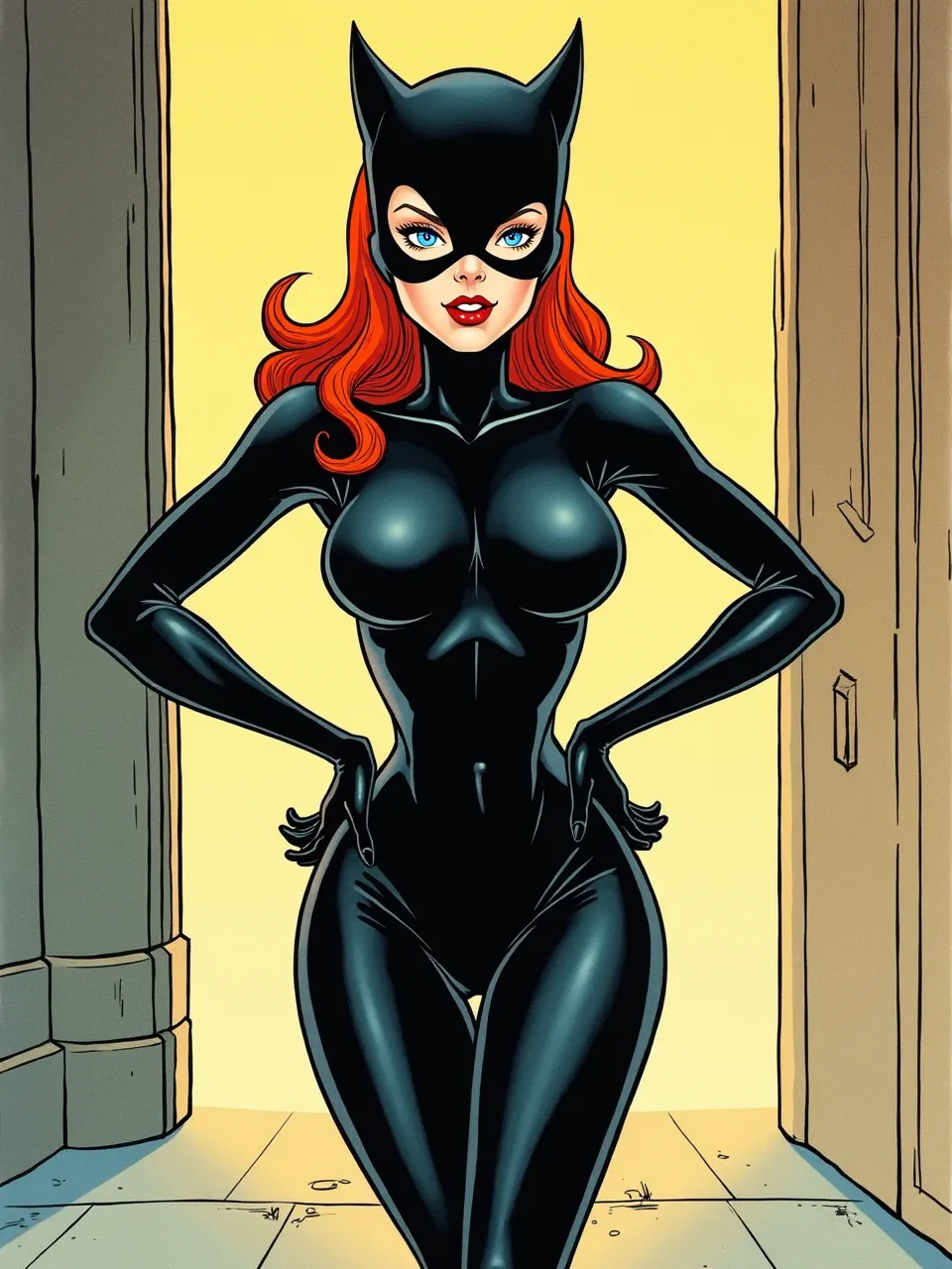 Steve Ditko–inspired Catwoman shines in bold inked linework and flat vintage comic colors, with high-contrast lighting, glossy latex textures, and crisp cel-shaded highlights.