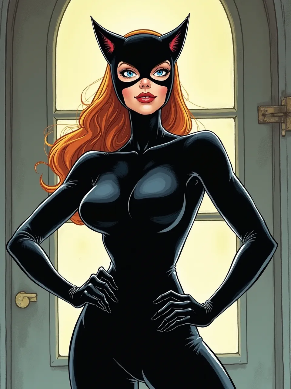 Steve Purcell-inspired Catwoman shines in backlit window glow; glossy latex highlights, crisp inked outlines, and cel-shaded digital comic coloring create smooth textures and noir contrast.