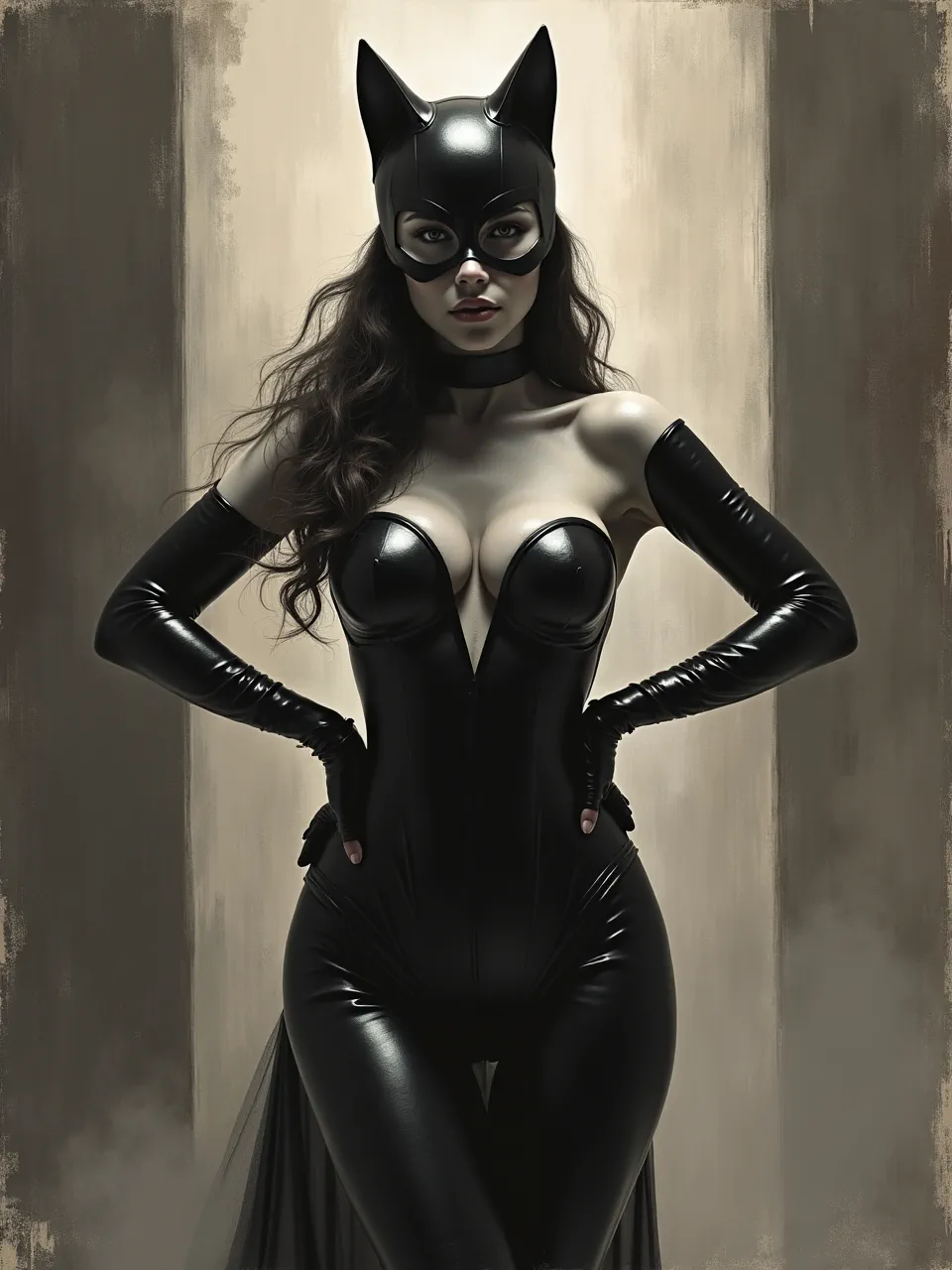 Steven DaLuz-inspired Flux AI digital painting of Catwoman: dramatic rim lighting, soft studio glow, glossy latex textures, painterly grunge backdrop, cinematic realism, high-contrast highlights.
