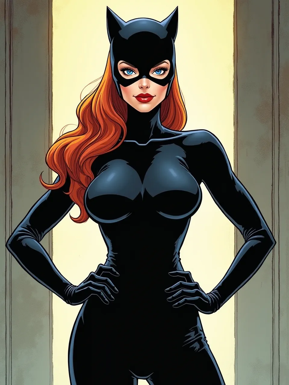 Catwoman shines in Stuart Immonen-inspired comic-ink illustration: crisp linework, glossy latex highlights, warm backlit doorway glow, smooth cel-shading gradients, and textured color flats.