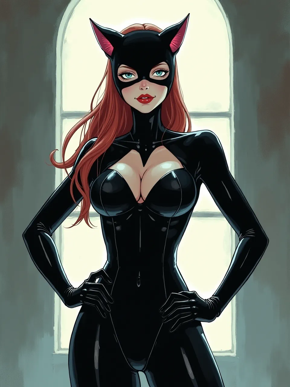 Catwoman, rendered in Sui Ishida-inspired digital manga ink and soft cel shading, glows in cool window backlight; glossy latex textures, crisp highlights, and muted shadows.