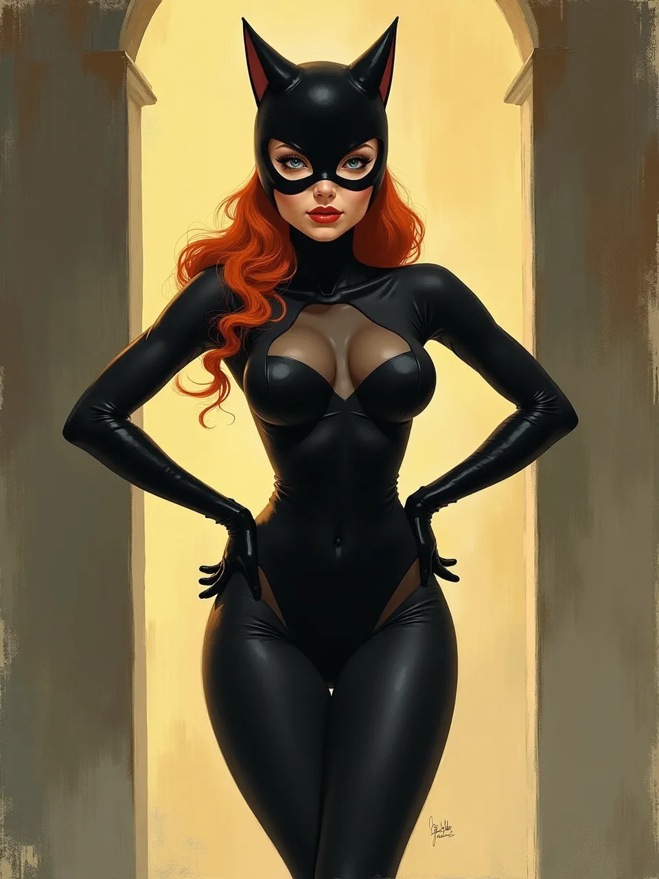 Syd Mead-inspired retro-futurist gouache illustration of Catwoman: warm backlit archway glow, glossy latex highlights, soft airbrushed gradients, crisp contours, velvety shadows, cinematic poster finish.