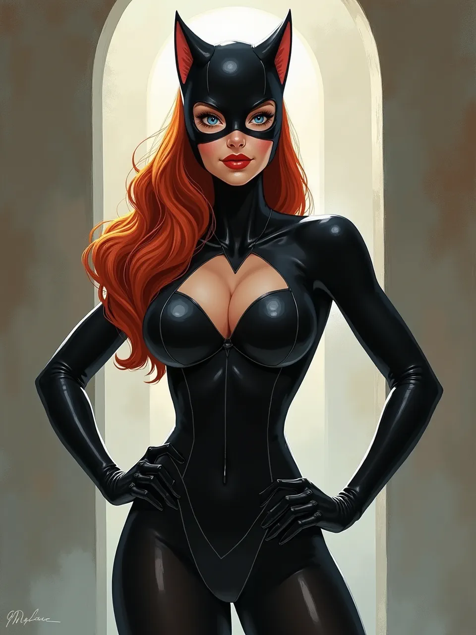 Sylvain Sarrailh-inspired digital painting of Catwoman: soft rim lighting through an archway, glossy latex highlights, velvety shadows, and painterly brush-textured gradients for cinematic fantasy realism.
