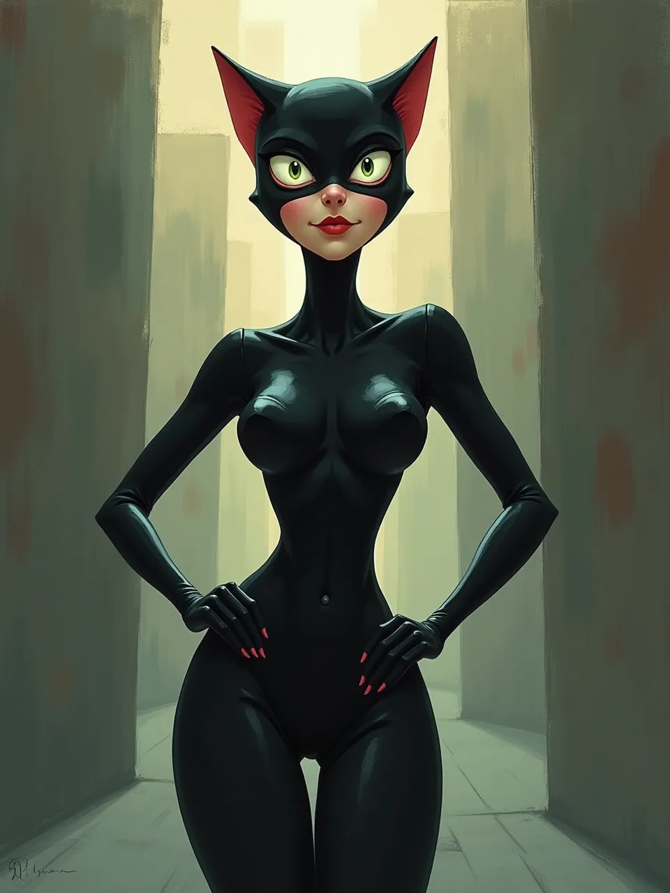 Szymon Biernacki-inspired digital painting shows Catwoman in warm backlit alley haze; glossy latex suit highlights, soft brush textures, painterly gradients, cinematic rim light, smooth skin.