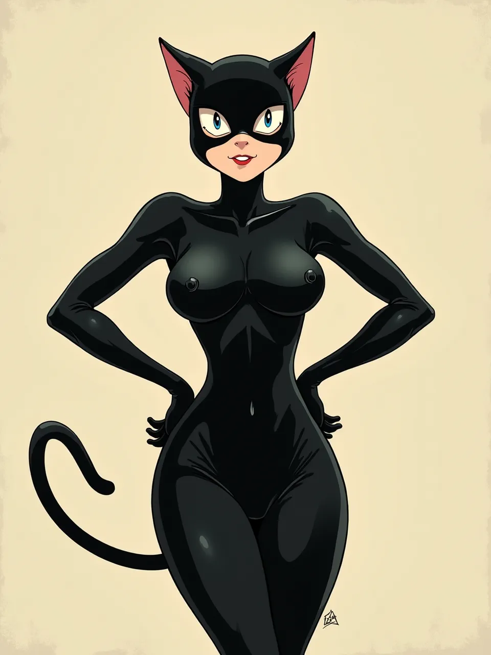 Tadahiro Uesugi-inspired Catwoman shines under soft, flat studio lighting; glossy latex highlights, clean inked contours, and subtle watercolor-paper grain evoke retro editorial gouache illustration.