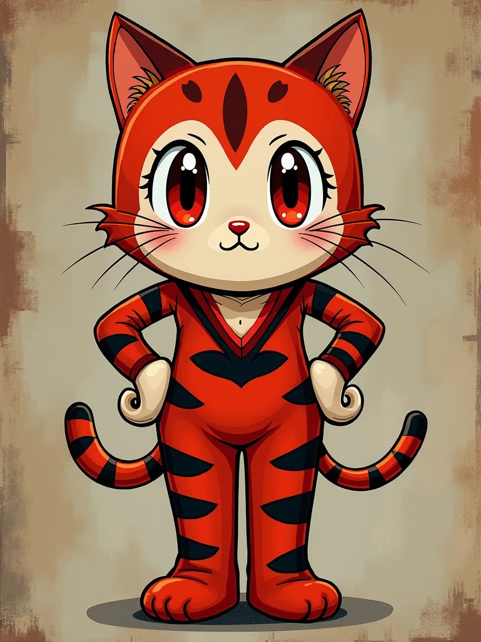 Takashi Murakami-inspired Catwoman chibi pops in glossy digital vector art, with soft studio lighting, candy-red gradients, crisp inked outlines, and smooth cel-shaded textures.