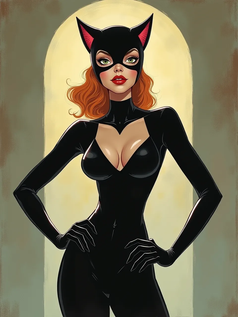Tara McPherson-inspired Catwoman pinup glows in warm backlit halo; glossy latex suit highlights, velvety shadows, painterly airbrush gradients, and crisp inked linework digital illustration.
