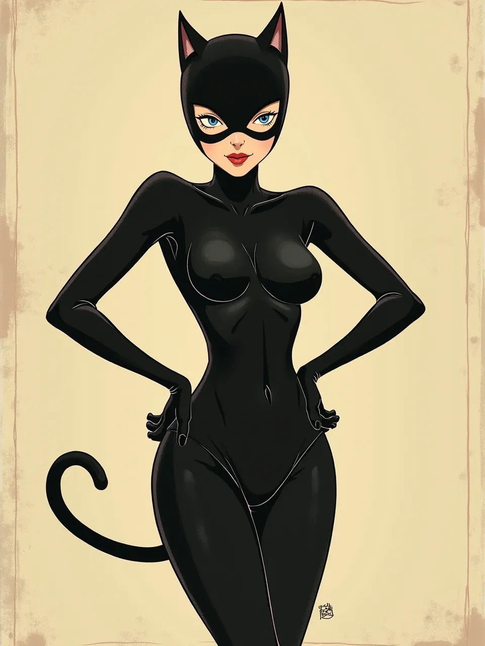 Tatsuro Kiuchi-inspired Catwoman portrait: warm, diffuse studio lighting on glossy latex, crisp ink outlines, and subtle watercolor paper grain, creating vintage editorial illustration polish.