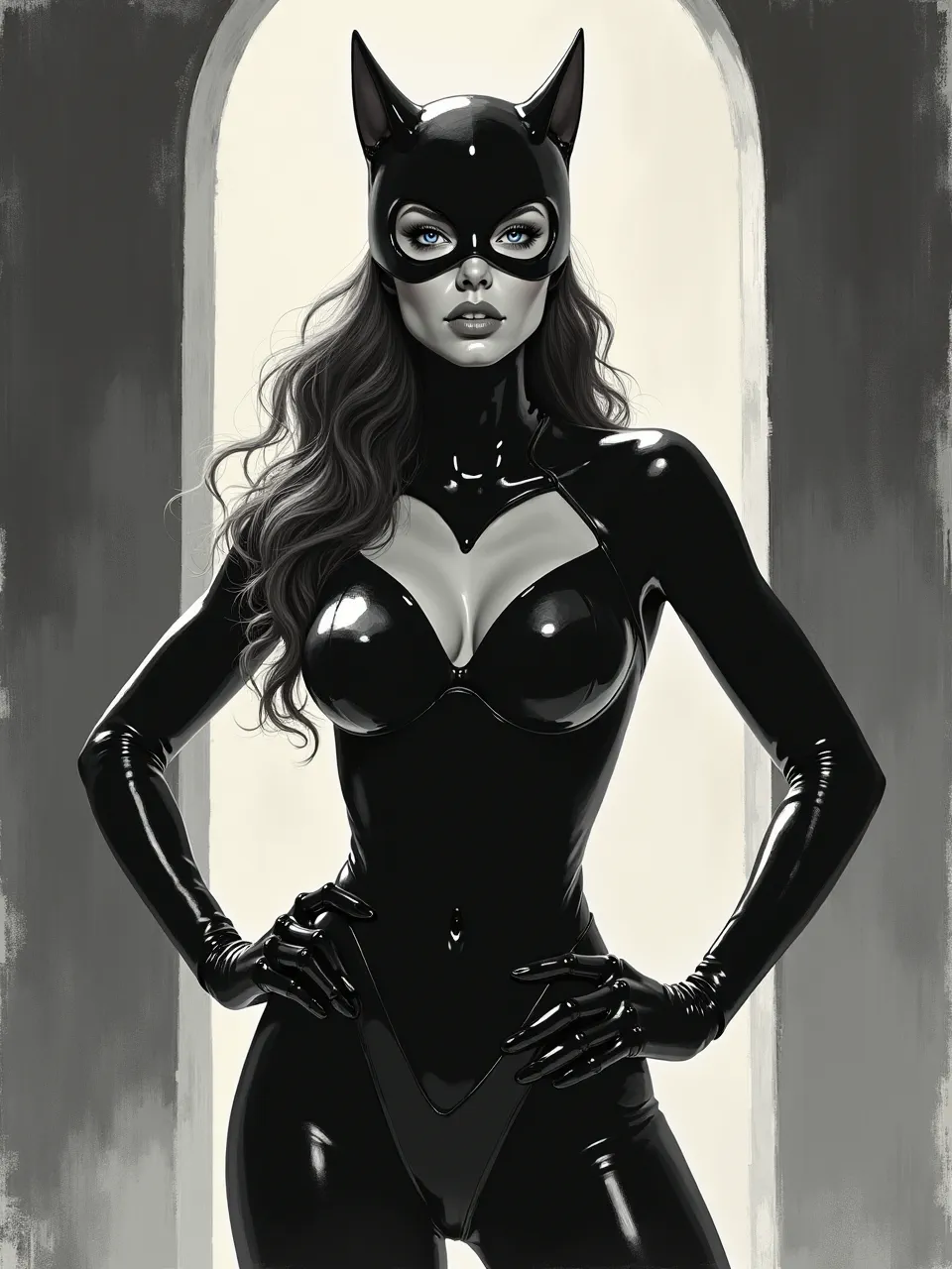 Ted Nasmith-inspired Catwoman portrait in luminous gouache-and-watercolor: cool rim light blooms against pale archway, glossy latex textures gleam, and soft graphite shading deepens moody realism.