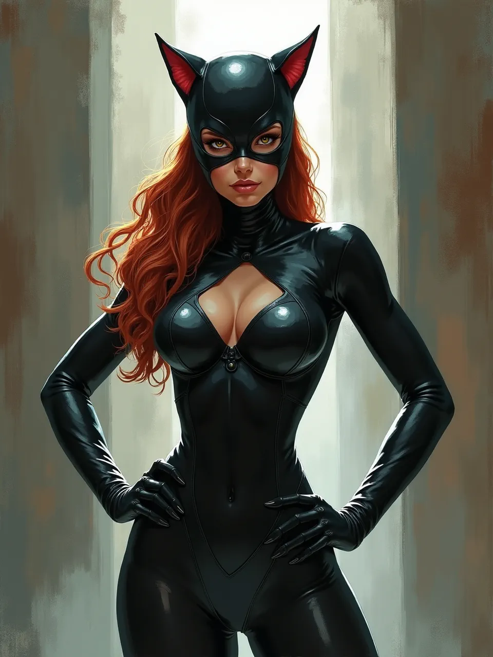 Theo Prins–style digital oil painting of Catwoman: soft rim lighting and moody backlight sculpt glossy latex textures, velvety shadows, painterly brushwork, and cinematic realism.
