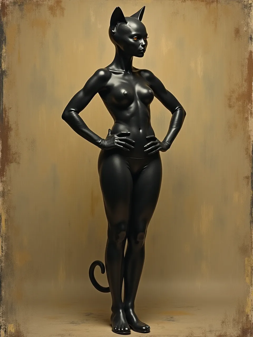 Thomas Eakins realism meets Catwoman: warm studio chiaroscuro glazes a glossy latex bodysuit, with tactile oil-on-canvas brushwork, muted ochre backdrop, anatomical modeling, subtle varnish sheen.