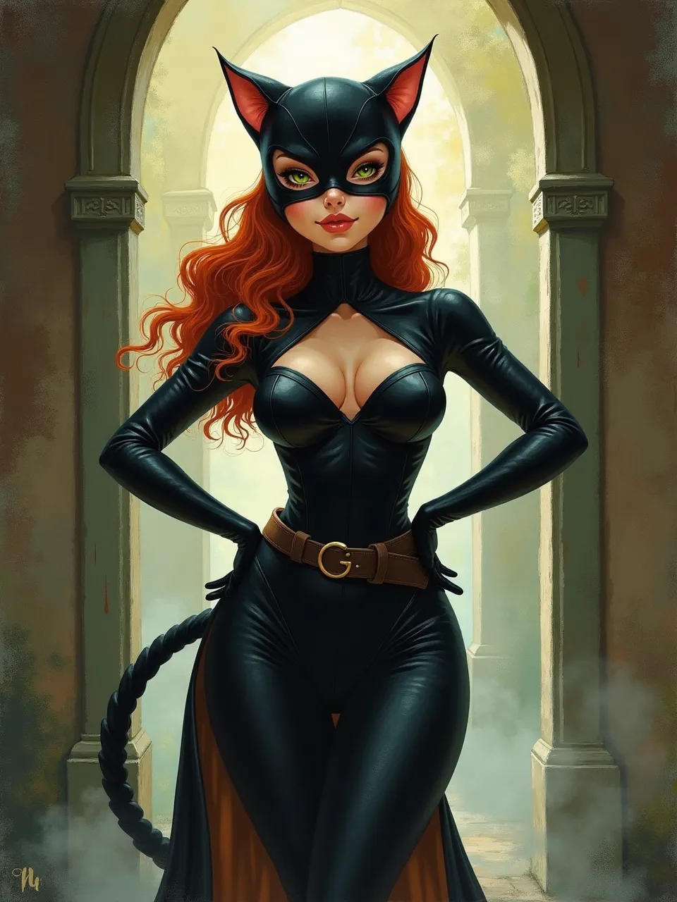 Thomas Kinkade-inspired oil-on-canvas glow frames Catwoman beneath sunlit arches, with buttery impasto stone textures, luminous haze, and glossy leather highlights for cinematic, collectible fantasy art.