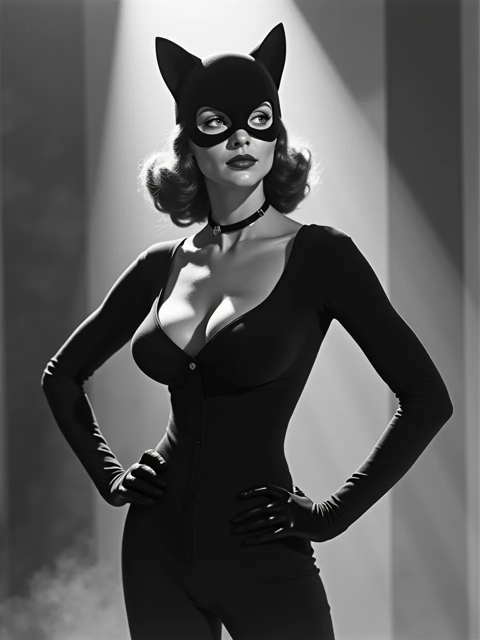 Thornton Oakley–inspired Catwoman, rendered as glossy gouache-and-ink illustration: dramatic noir spotlighting, velvety shadows, crisp highlights on satin suit, smoky background, elegant midcentury textures.
