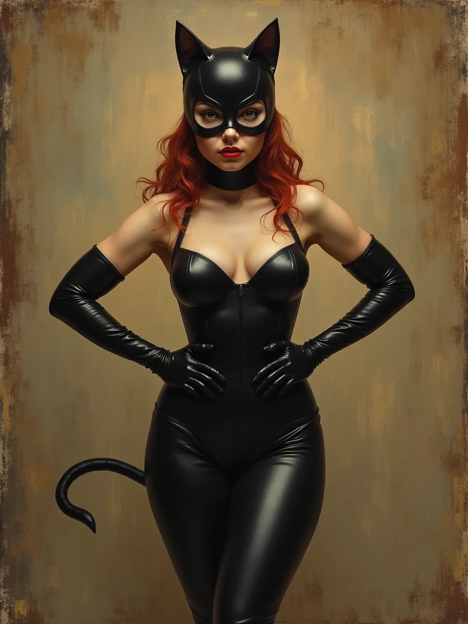Titian-inspired oil painting of Catwoman: warm chiaroscuro glows on satin-black leather, layered Venetian brushstrokes and varnished highlights, textured umber backdrop, Renaissance portrait realism.