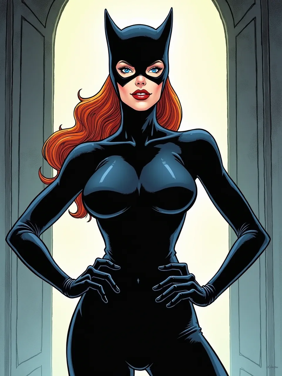 Glossy, inked digital-comic portrait: Catwoman under stark rim lighting, latex suit reflecting sharp highlights; Todd McFarlane-inspired linework, crosshatching textures, saturated colors, dramatic shadows.