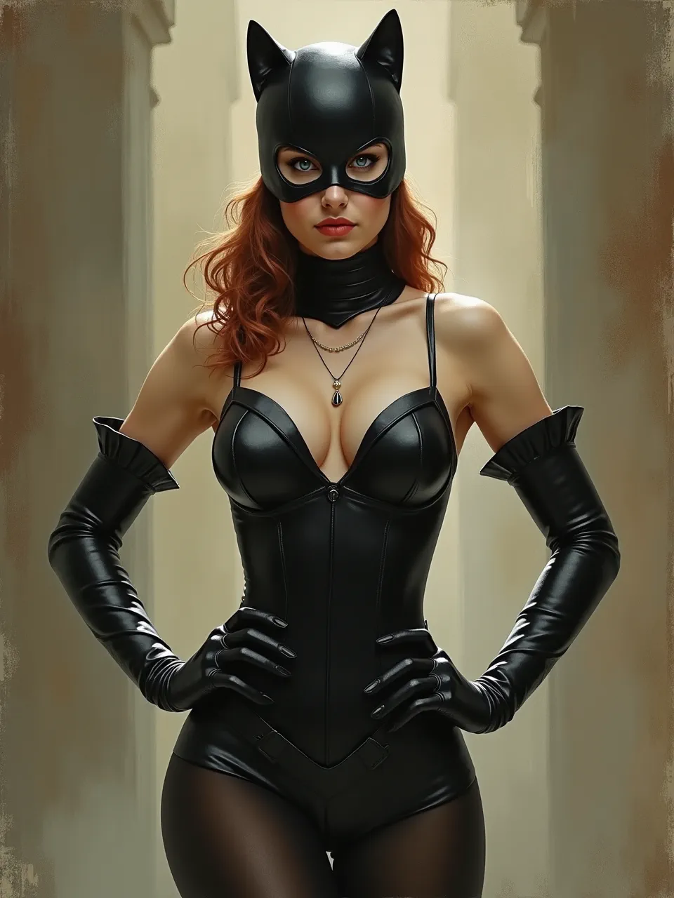 Tom Bagshaw-inspired digital oil portrait: Catwoman glows in soft rim light, glossy latex textures and smoky shadows, painterly brushwork, cinematic chiaroscuro, high-detail fantasy illustration.