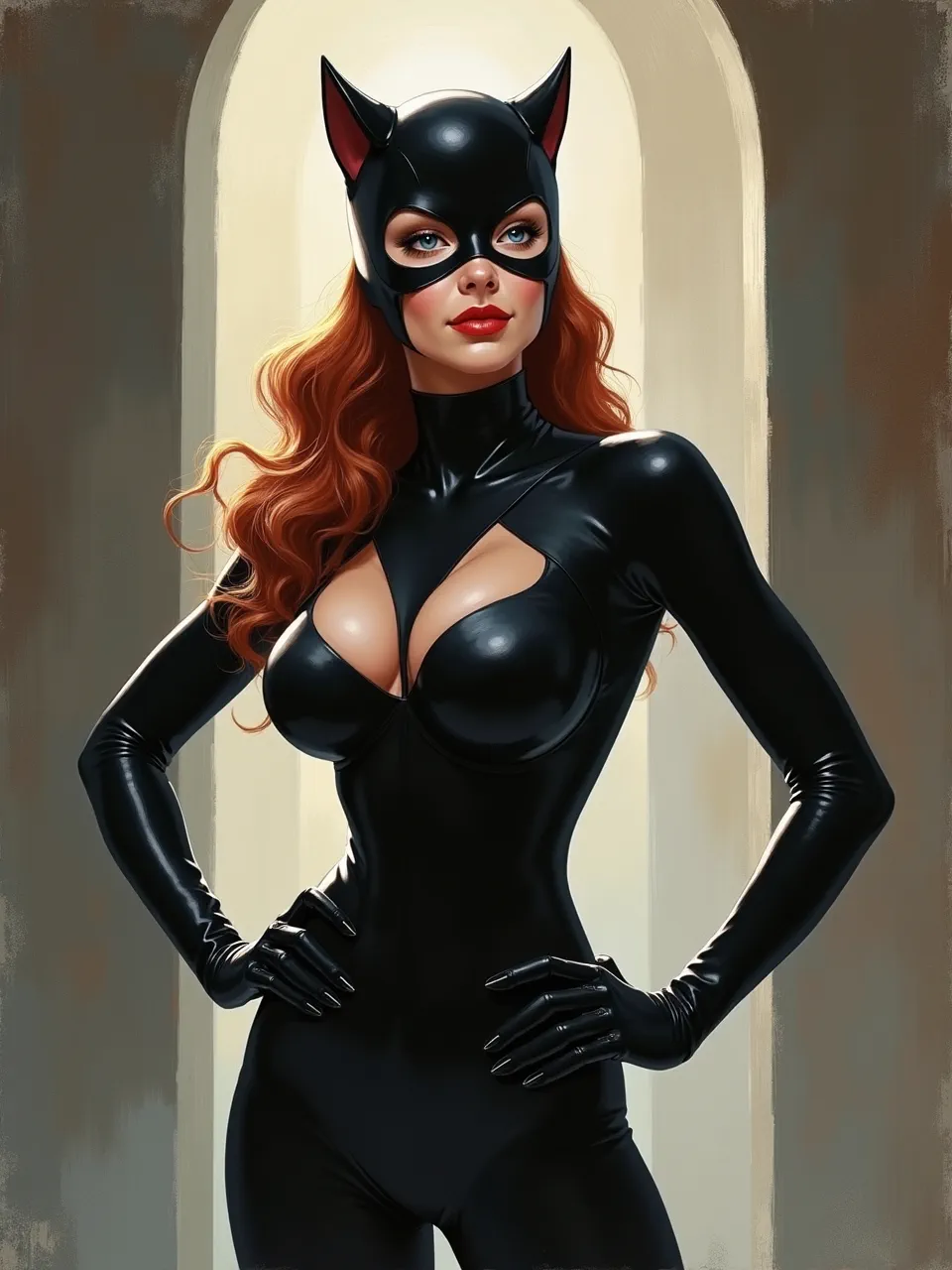 Tom Lovell–inspired Catwoman pin-up, rendered as vintage oil-on-canvas illustration: warm backlit archway glow, glossy latex highlights, soft painterly skin, and textured brushstrokes.