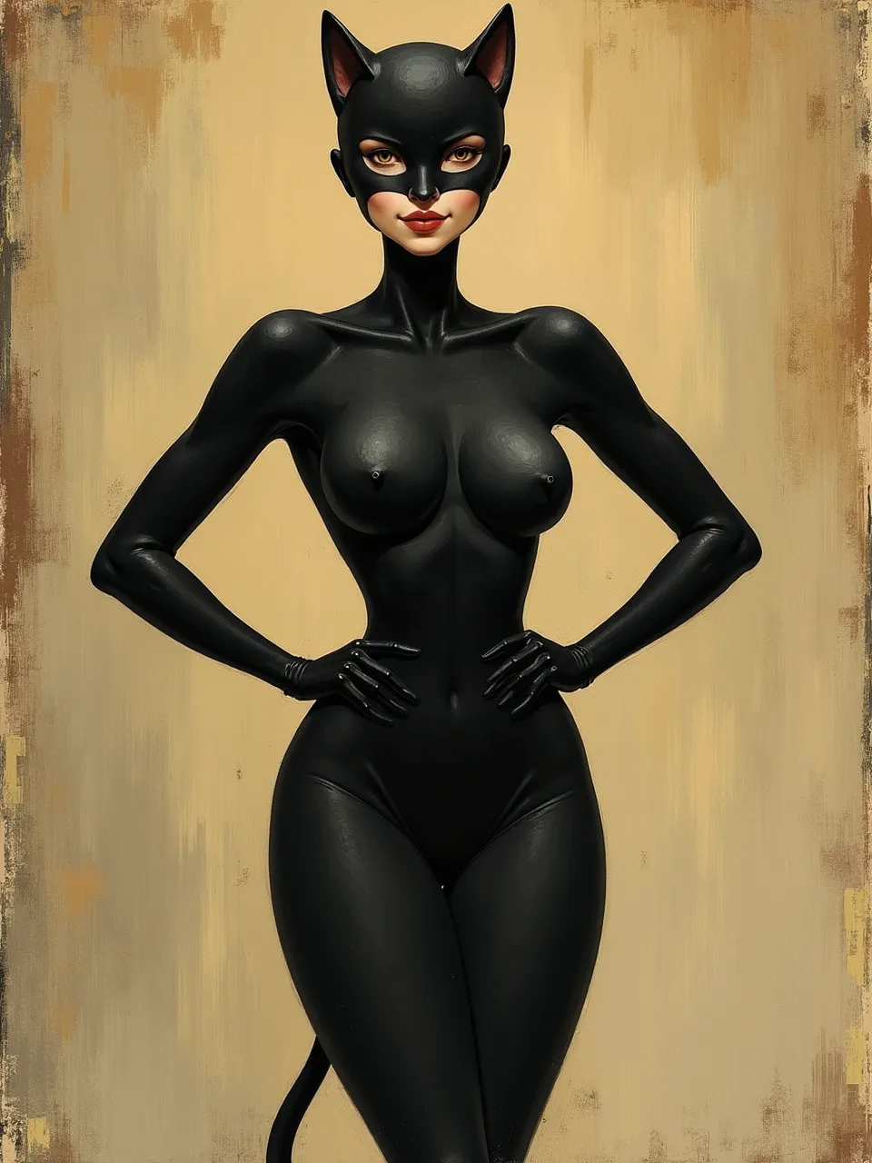 Tom Thomson–style oil-on-board impasto frames Catwoman in warm, diffuse studio light; rugged brush textures and ochre backdrop contrast her glossy black suit highlights.