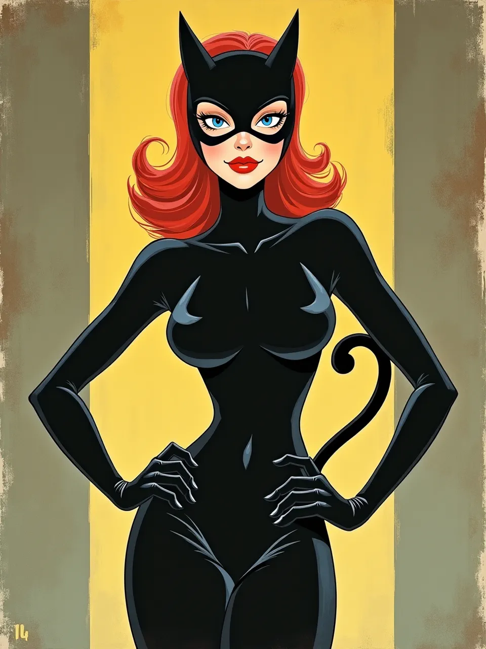 Catwoman pops in Tom Whalen-inspired retro vector poster art, with warm spotlight gradients, glossy latex-like highlights, crisp linework, and subtle halftone paper textures.