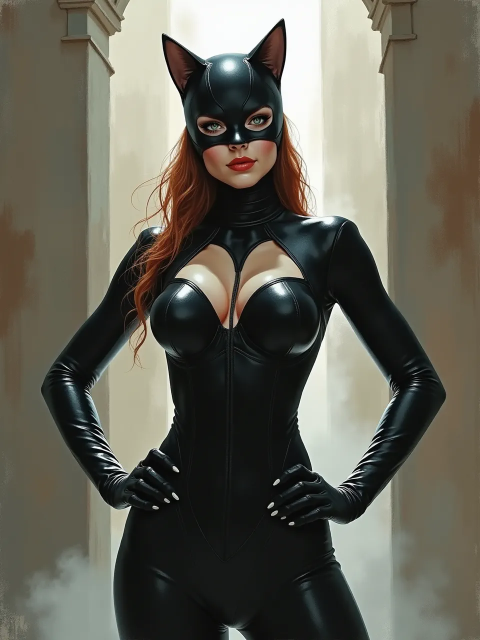 Catwoman channels Tomasz Strzalkowski: soft backlit glow, glossy latex textures, crisp seams, and cinematic rim highlights—rendered as hyperreal digital painting with smooth gradients.