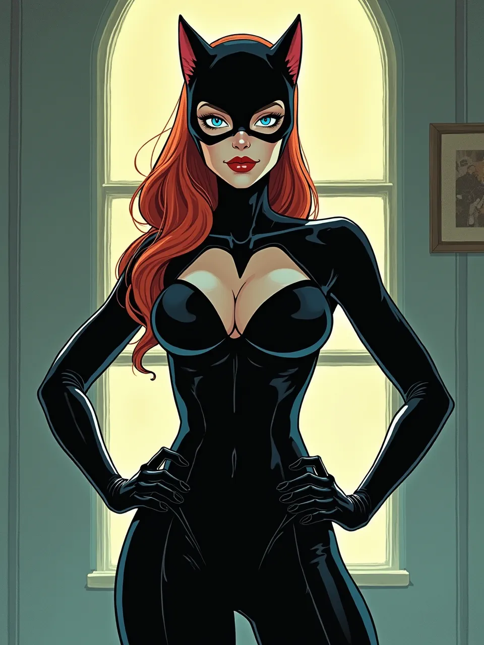 Catwoman glows in Tomer Hanuka–style digital comic illustration: warm backlit window halo, glossy latex highlights, velvety shadows, crisp ink contours, and painterly gradient textures.