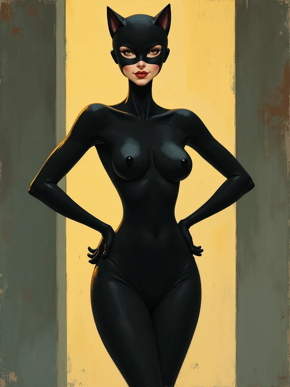 Tomma Abts-inspired oil-on-panel geometry frames Catwoman in soft spotlight; matte yellow ground, gritty edges, and glossy latex highlights create tactile textures, minimalist contemporary portrait.