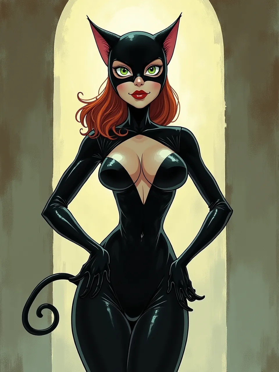 Flux AI renders Catwoman in a Tony Sandoval-inspired watercolor-and-ink illustration: warm backlit archway glow, velvety paper grain, and glossy latex highlights with soft, painterly shading.
