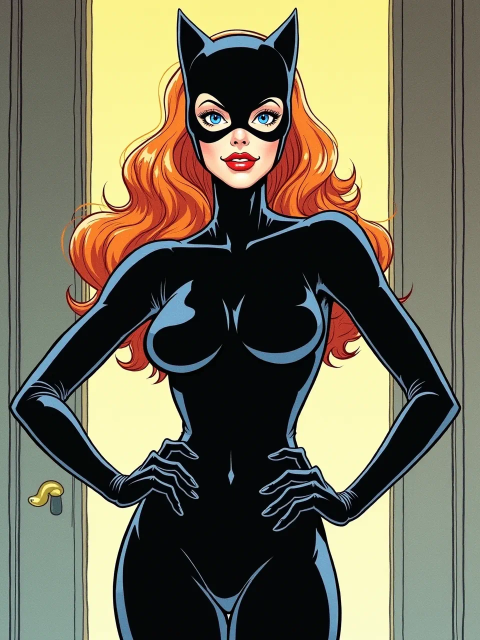 Trina Robbins–inspired Catwoman shines in soft, flat-lit pop-art glow; glossy vinyl suit highlights, silky hair textures, and crisp inked linework over smooth halftone coloring.
