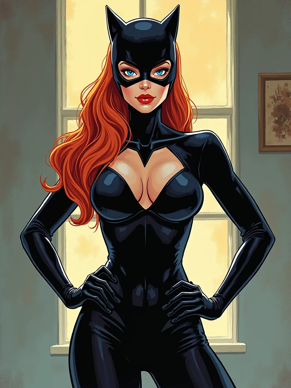 Tristan Eaton-inspired mural pop-art portrays Catwoman in glossy latex, warm window backlight, crisp rim highlights, layered spray-paint textures, halftone shading, and vibrant comic illustration.