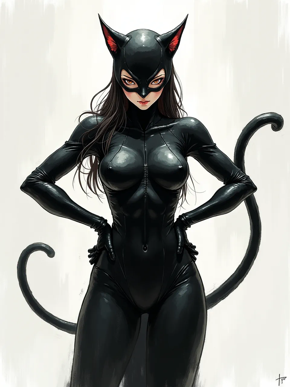 Tsutomu Nihei-inspired Catwoman stands in stark, high-key rim light; glossy latex textures gleam with hard specular highlights, rendered as inked manga linework with digital painting.