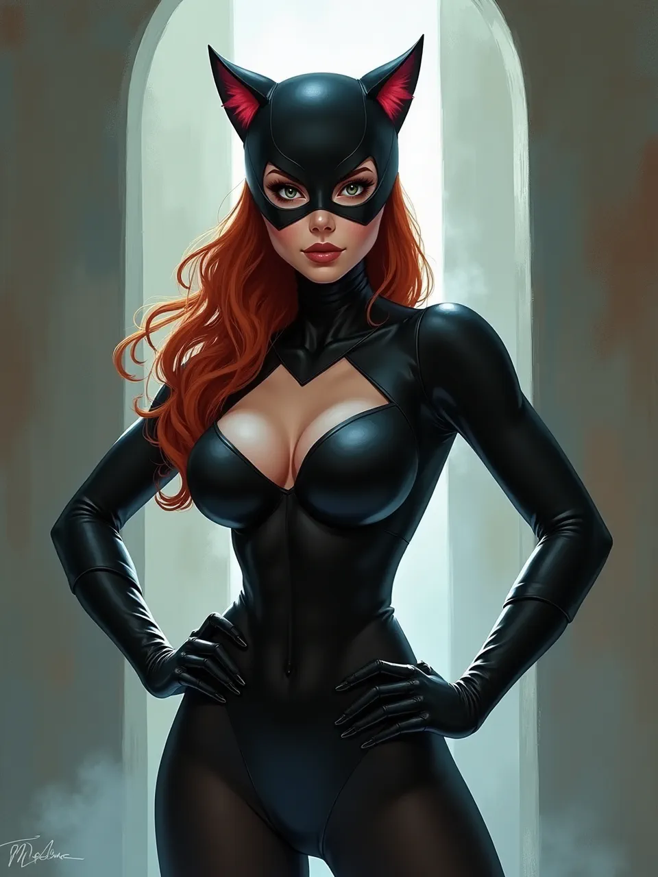 Tyler Edlin–inspired digital painting: Catwoman stands in soft arched backlight, glossy latex highlights, velvety shadows, crisp airbrushed textures, cinematic fog, hyperreal comic-fantasy finish.