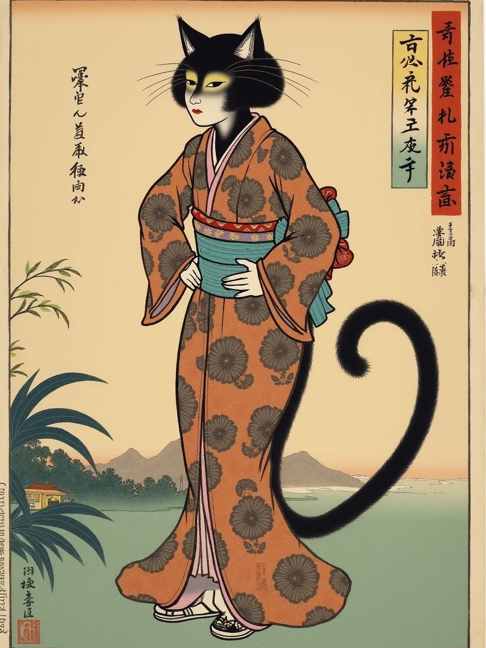 Utagawa Hiroshige–inspired ukiyo-e woodblock print shows Catwoman in warm dusk light, crisp ink outlines, flat mineral pigments, and textured kimono patterns on washi paper.