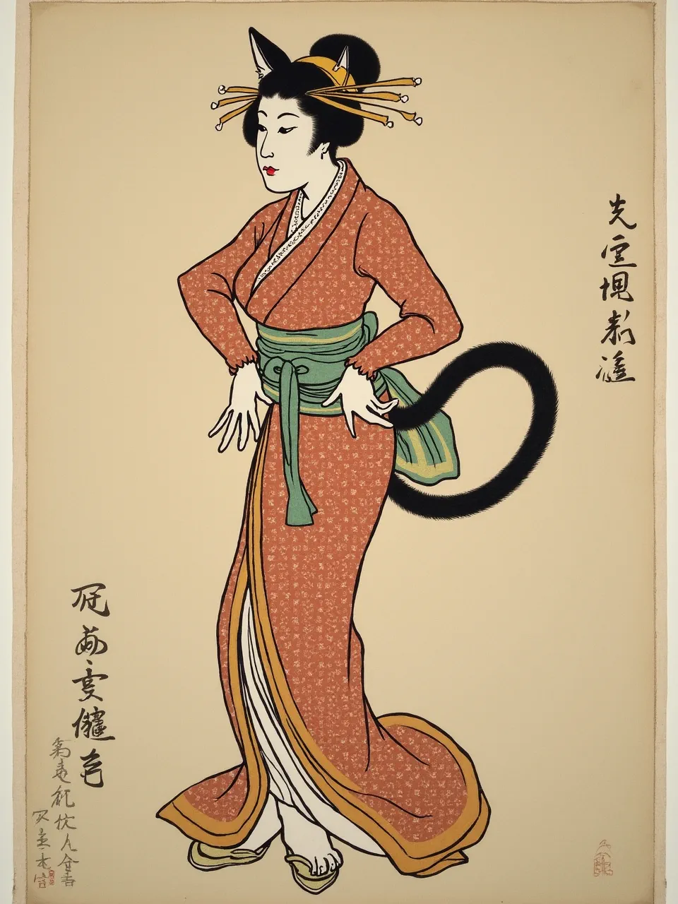 Utagawa Kunisada–style ukiyo-e woodblock print reimagines Catwoman with soft, flat daylight, crisp ink outlines, muted mineral pigments, kimono textile patterns, and velvety black tail.
