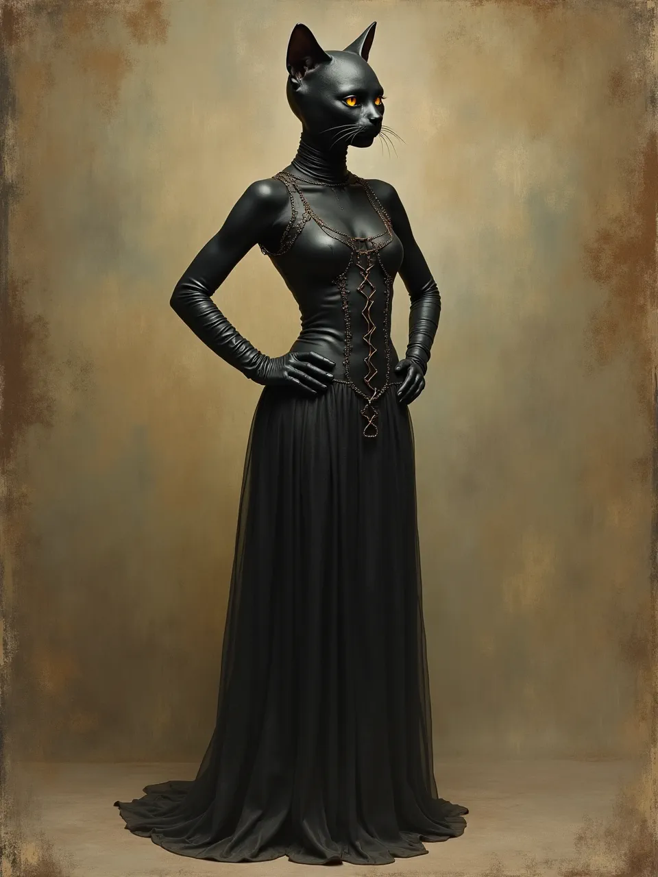 Vasily Vereshchagin-inspired oil-on-canvas realism frames Catwoman in warm, diffused studio light; matte-black latex and flowing fabric show tactile brushwork, smoky patina, and dramatic chiaroscuro.
