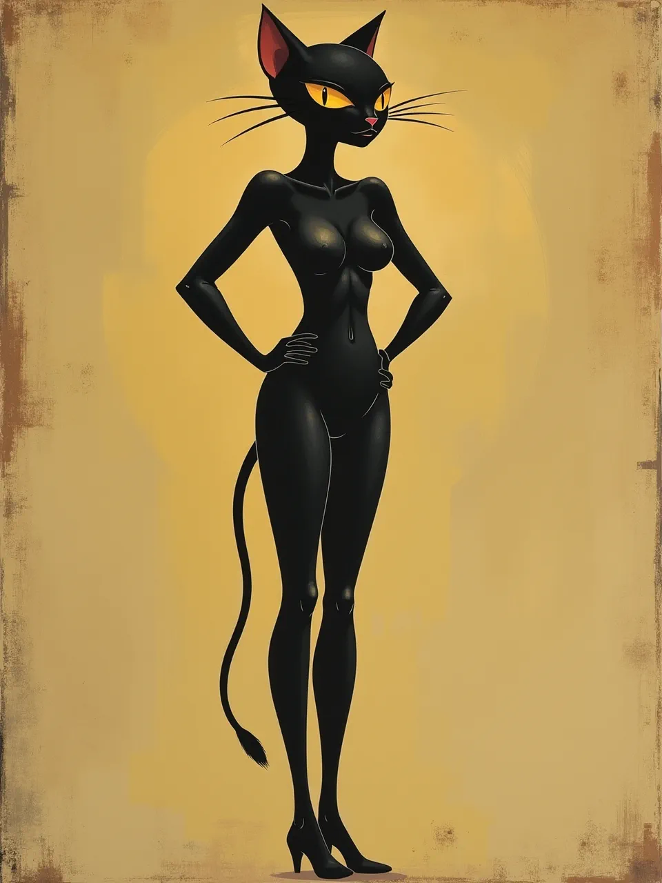 Victor Brauner–inspired Catwoman appears in matte oil-on-canvas surrealism: warm ochre spotlighting, glossy black lacquered textures, soft vignette shadows, and distressed paper-grain background.
