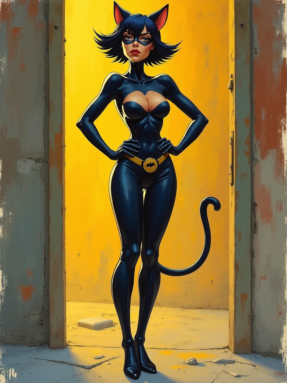 Victor Moscoso-inspired Catwoman pops in psychedelic screenprint: neon backlit doorway glow, velvety latex highlights, gritty plaster textures, crisp inked outlines, poster-grade halftone gradients.