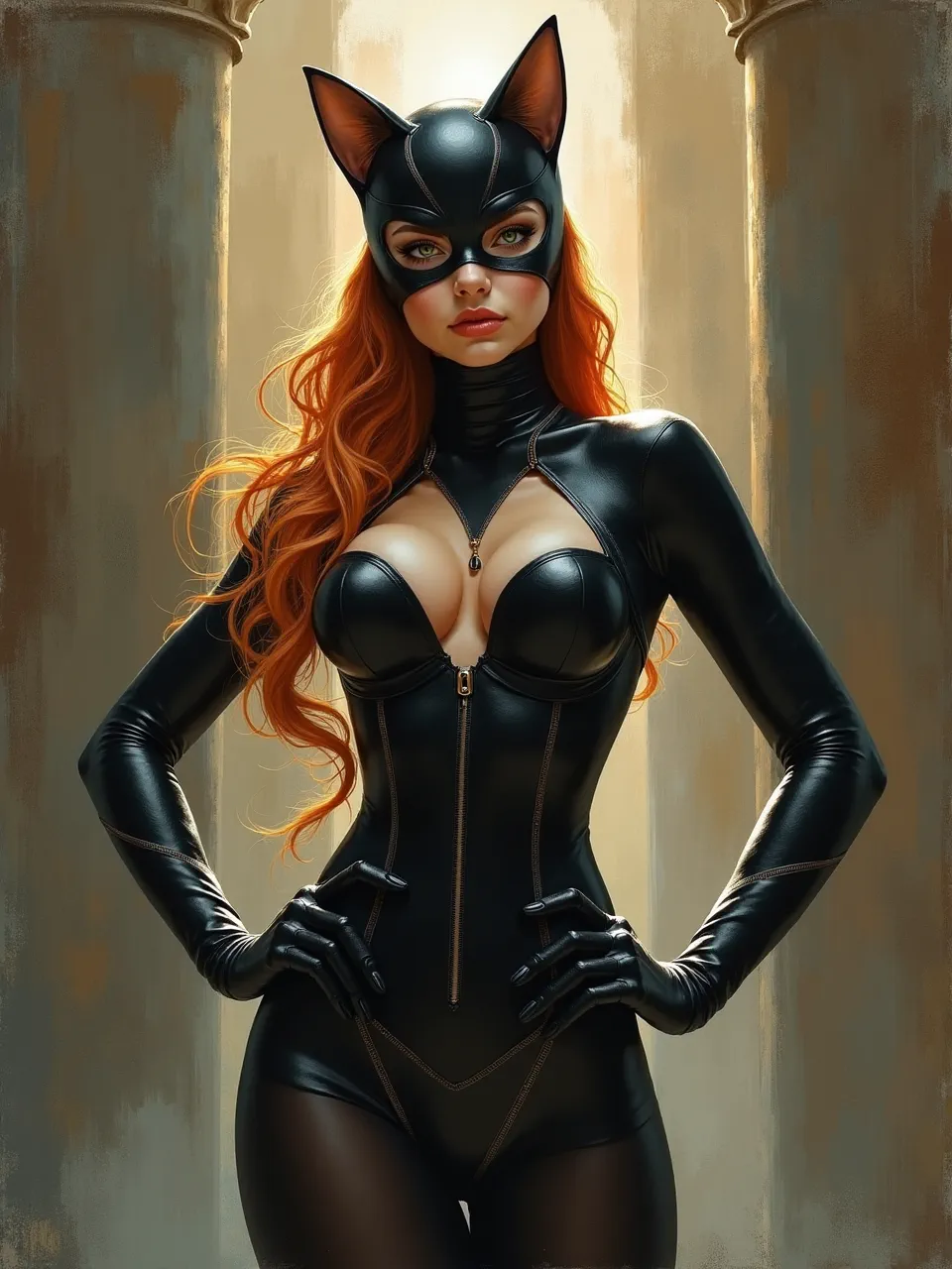 Victor Nizovtsev–inspired Catwoman portrait: warm rim-lit glow, soft golden haze, glossy latex textures and stitched seams, rendered as high-detail digital oil painting illustration.