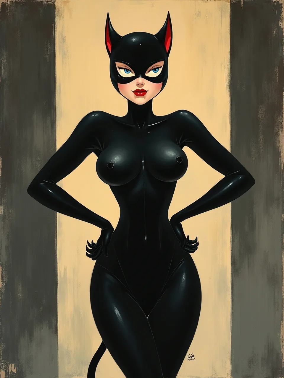 Victor Vasarely–inspired Catwoman op-art portrait: glossy latex highlights under studio lighting, smooth vector-like gradients, crisp geometric contours, and textured acrylic-on-canvas backdrop for depth.