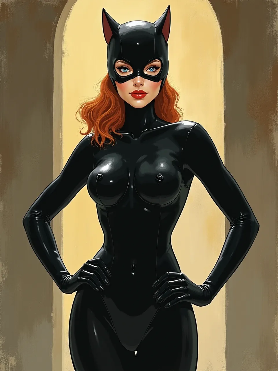 Vincent Di Fate–inspired Catwoman pinup in retro sci‑fi poster airbrush/gouache: warm backlit archway glow, glossy latex highlights, smooth gradients, crisp inks, velvety shadows.