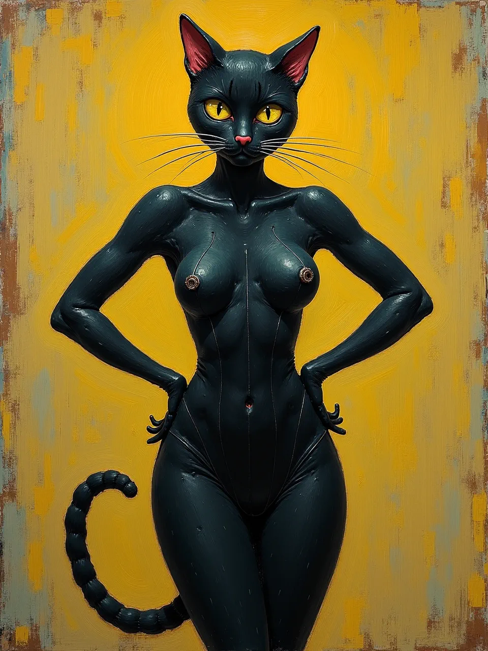 Vincent van Gogh–style Catwoman portrait: glowing golden backlight, thick impasto oil paint, swirling brushstrokes, glossy black suit textures, high-contrast highlights, expressive post‑impressionist canvas.