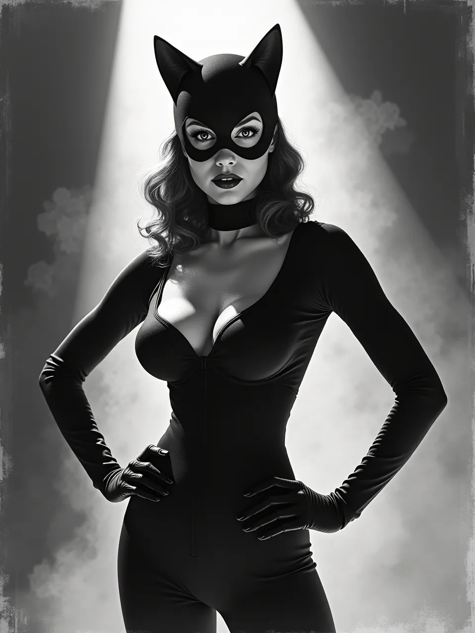 Virgil Finlay–inspired Catwoman shines in noir spotlighting, sculpted by crisp chiaroscuro; velvety latex textures and smoky backlight rendered as meticulous pen-and-ink stippling illustration.